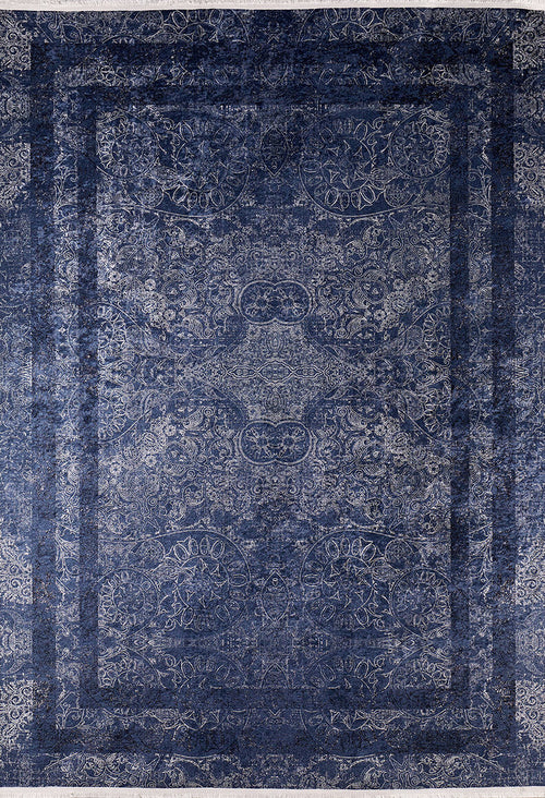 Load image 1 in gallery view. The Elegant and Modern - Washable Rug - JR1297 is a large blue rug with intricate floral and geometric patterns in deep blue and silver, featuring multiple borders for a vintage, ornate look—perfect for high-traffic areas.