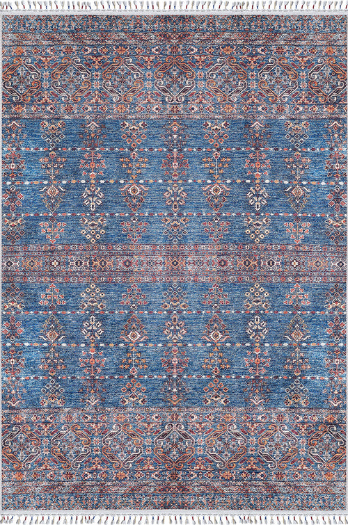 Load image 1 in gallery view. The Ethereal Essence - Washable Rug - JR5087 features a rectangular flat weave with a deep blue base, symmetrical floral and geometric white, red, and orange patterns, plus white fringes on the short edges.