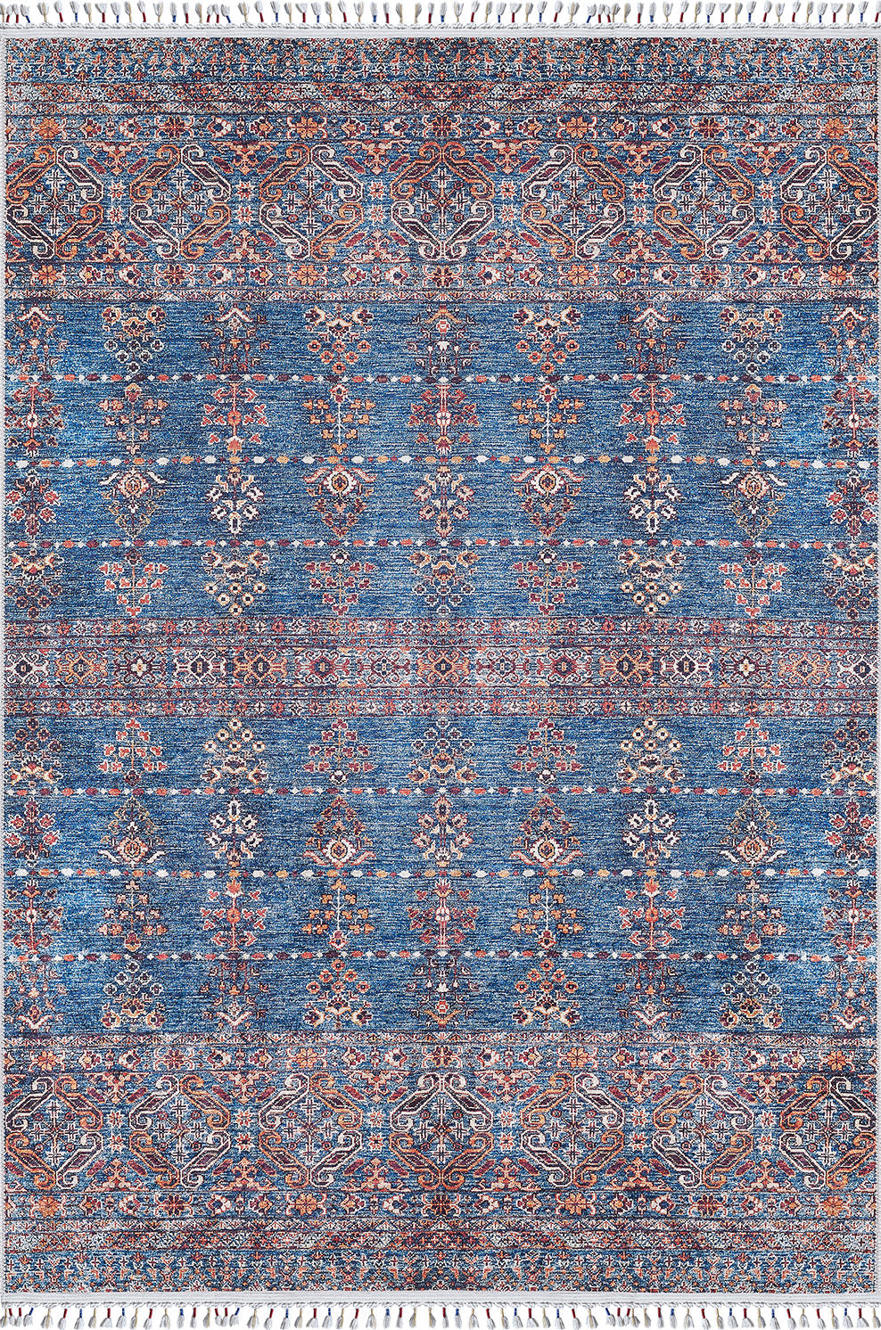 The Ethereal Essence - Washable Rug - JR5087 features a rectangular flat weave with a deep blue base, symmetrical floral and geometric white, red, and orange patterns, plus white fringes on the short edges.