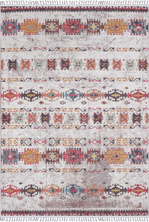 Bild 1 in Galerieansicht laden. The Ethno Expanse Machine-Washable Rug (JR5046) features a distressed look with geometric and tribal patterns in red, yellow, orange, teal, and black on light beige, fringed edges—ideal for high-traffic spaces.