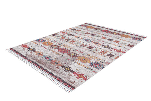 Bild 1 in Galerieansicht laden. The Ethno Expanse Machine-Washable Rug (JR5046) features a rectangular shape, distressed multicolored geometric pattern with horizontal stripes and tassels, in red, yellow, blue, and beige—ideal for high-traffic areas.