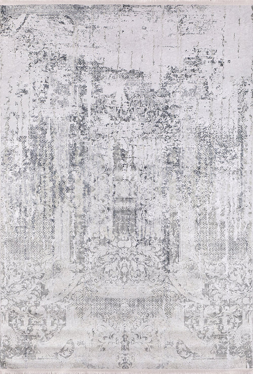 Load image 1 in gallery view. The Faint Memories - Washable Rug - JR1437 features a light gray-anthracite base with faded floral and geometric patterns for a vintage, distressed look—stylish, practical, and easy to clean for any space.