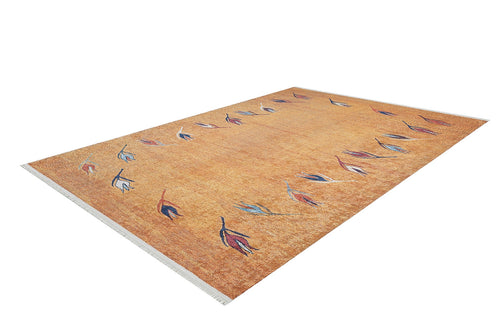 Load image 1 in gallery view. The Floral Mosaic - Washable Rug - JR1720 features an orange base with brown undertones and abstract blue, red, and white leaf or petal motifs—washable and perfect for high-traffic areas. Shown on a white background.