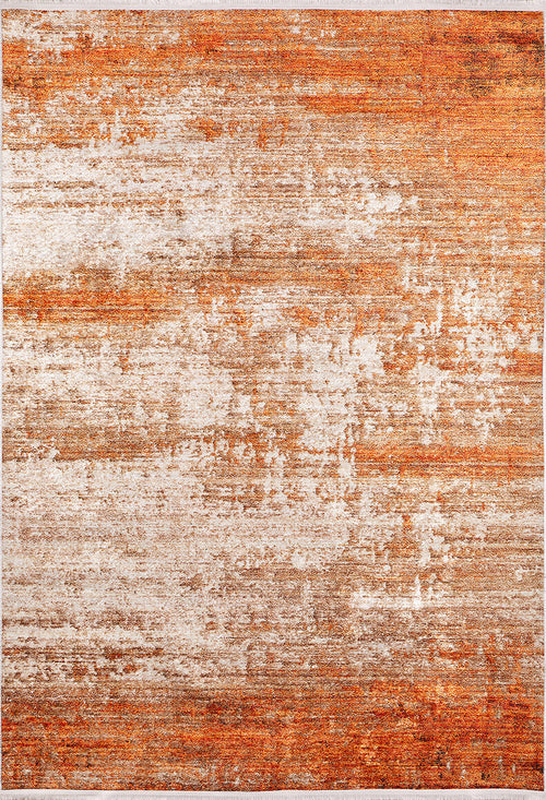 Load image 1 in gallery view. The Fluffy Brushed - Washable Rug - JR584 is a rectangular flat weave rug with a distressed abstract pattern in orange, rust, and beige tones for a textured, weathered look.