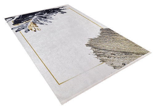 Load image 1 in gallery view. The Funky Floral Frenzy - Machine-Washable Rug JR1376 is rectangular with a light grey base, gold border, and black and gold abstract leaf design in one corner, plus a gold textured pattern opposite—ideal for high-traffic areas.