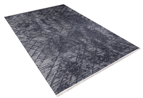 Load image 1 in gallery view. The Geometric Gems - Washable Rug - JR1342 is a large black rectangular rug with a modern abstract geometric dark gray and black pattern, shown on white. It features fringed edges and is ideal for high-traffic areas.