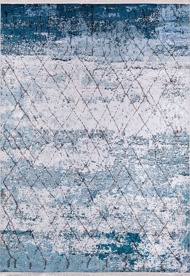 The Geometric Glimmers - Washable Rug - JR1423 is a rectangular blue rug with an abstract, distressed design and subtle brown diamond lines. Its modern texture suits high-traffic or artistic spaces, and it’s easy to clean.