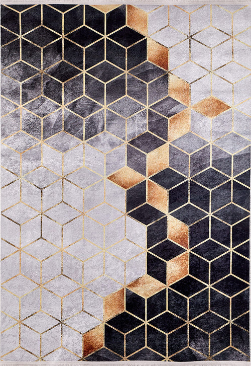 Load image 1 in gallery view. The Geometric Harmony - Washable Rug - JR1271 features a modern 3D cube pattern in gray, black, gold, and white with gold outlines and gradient shading, creating a stylish and practical gray-anthracite accent for any space.