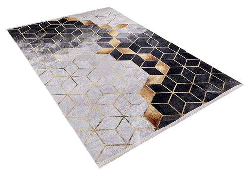 Load image 1 in gallery view. The Geometric Harmony - Washable Rug (JR1271) features a modern cube pattern in black, gold, gray, and white tones diagonally arranged, adding stylish versatility to any space.