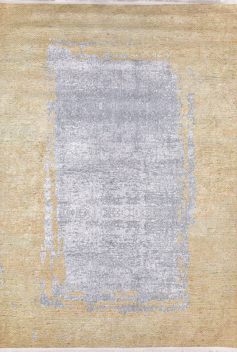 The Geometric Trellis - Washable Rug - JR931 features a rectangular shape, faded beige color, and center pale gray patch. Its durable design and uneven edges make it perfect for high-traffic areas, blending style with practicality.