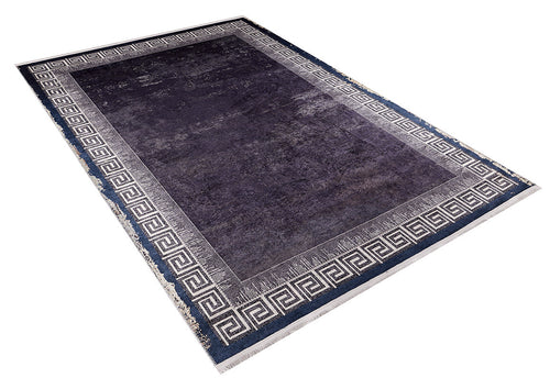 Load image 1 in gallery view. The Geometric and Chic - Washable Rug - JR1273 features a deep purple center, wide navy blue border with Greek key pattern in white and light gray, and short light fringe on the ends—perfect for high-traffic areas.