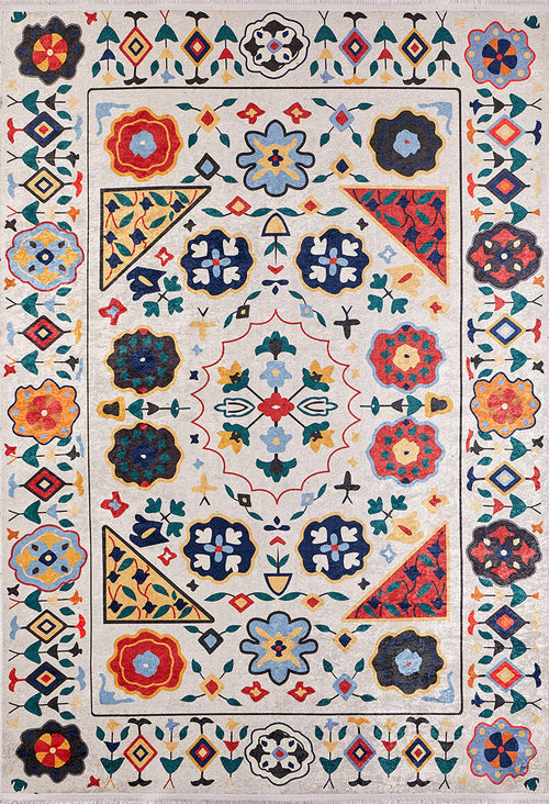 Load image 1 in gallery view. The Global Gathering - Washable Rug - JR608 showcases vibrant geometric and floral patterns in red, blue, yellow, green, and black on a light base with a central medallion and border—ideal for high-traffic areas.