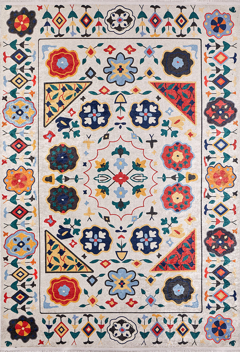 The Global Gathering - Washable Rug - JR608 showcases vibrant geometric and floral patterns in red, blue, yellow, green, and black on a light base with a central medallion and border—ideal for high-traffic areas.