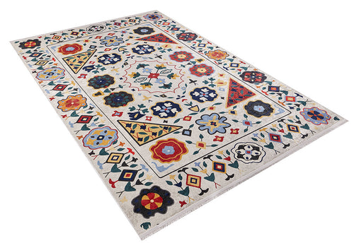 Load image 1 in gallery view. The Global Gathering - Washable Rug - JR608 is a rectangular multicolor rug with a cream background, vivid floral and geometric patterns in red, blue, yellow, green, and black, plus a detailed border—ideal for high-traffic areas.