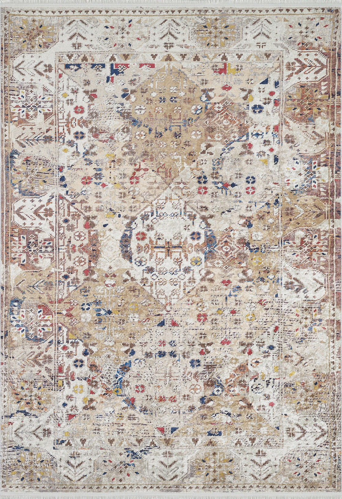 The Global Getaway - Washable Rug - JR1667 is a rectangular, ornate rug with a distressed vintage design in beige, brown, white, blue, red, and gold. Its durable build is perfect for high-traffic areas while exuding classic antique charm.