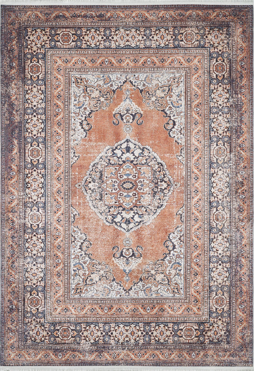 Load image 1 in gallery view. The Golden Legacy - Washable Rug - JR1931 features an ornate vintage floral pattern in rust orange, navy blue, cream, and beige with a bold central medallion. This rectangular rug is ideal for high-traffic areas and easy to maintain.