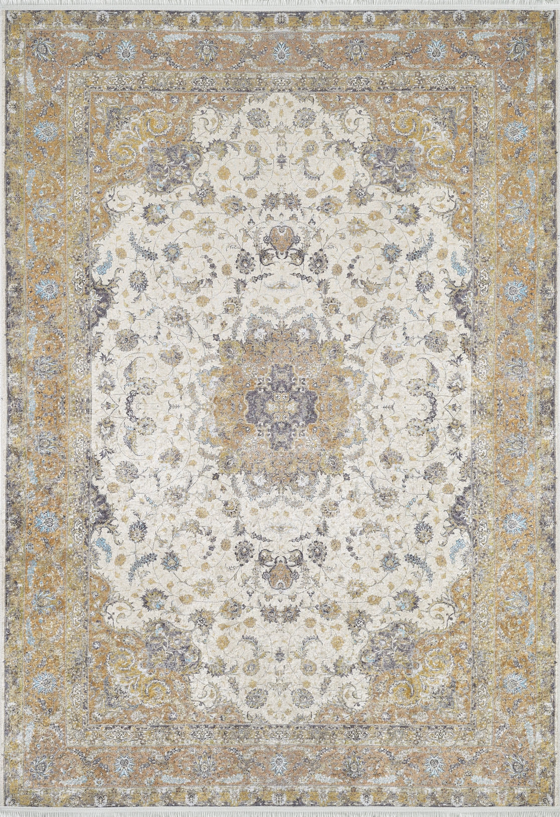 The Golden Oasis - Washable Rug - JR1930 features a central medallion and ornate floral patterns in beige, gold, blue, and gray. Durable, easy to maintain, and perfect for high-traffic spaces.
