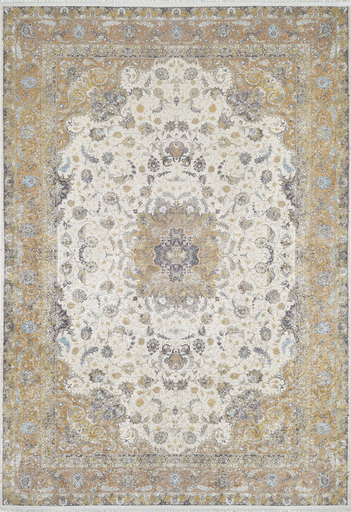 Load image 1 in gallery view. The Golden Oasis - Washable Rug - JR1930 features a central medallion and ornate floral patterns in beige, gold, blue, and gray. Durable, easy to maintain, and perfect for high-traffic spaces.