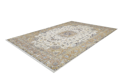 Load image 1 in gallery view. The Golden Oasis - Washable Rug - JR1930 is a rectangular rug with an intricate beige, gold, and gray floral pattern and a central medallion—ideal for allergy-sensitive homes and high-traffic areas. Shown on a white background.