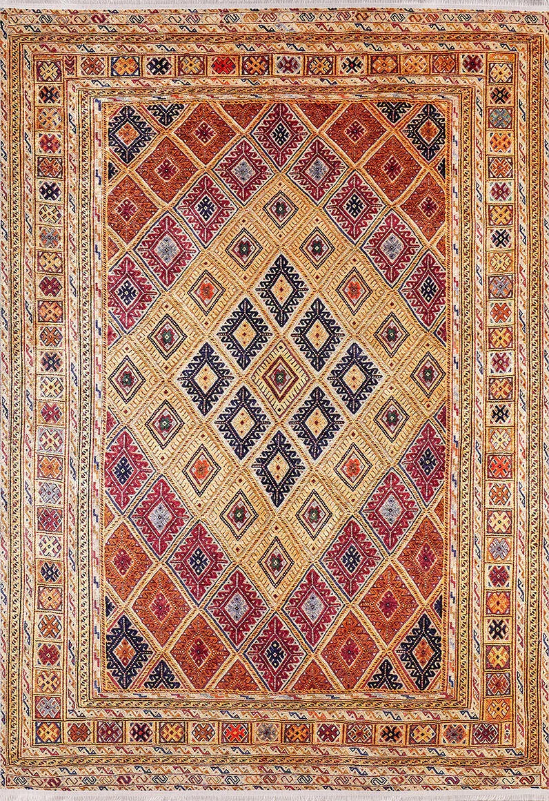 The Grandiose Grace - Washable Rug - JR44 features a durable, washable design with geometric diamond shapes in red, yellow, and black, accented by multicolored borders and symmetrical patterns—ideal for high-traffic spaces.