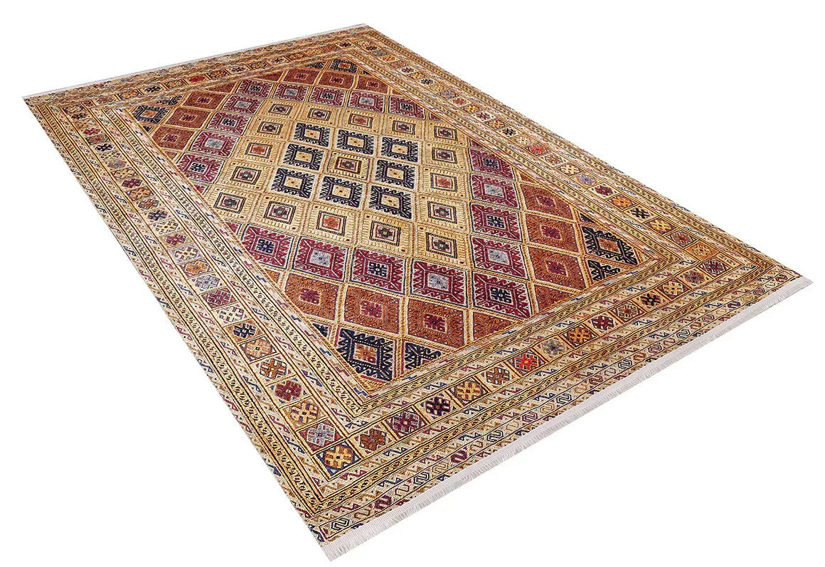The Grandiose Grace - Washable Rug - JR44 features a rectangular Persian design with intricate geometric patterns in red, yellow, blue, and beige. A central diamond motif and multiple borders accent the rug, which has fringed shorter sides—perfect for high-traffic areas.