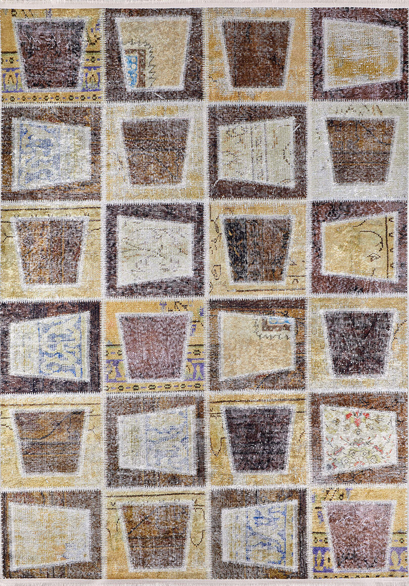 The Gridiron Glow - Washable Rug - JR183 features a 5x6 grid of rectangles, each with a central trapezoid in muted earth tones like browns, yellows, and beiges. Its vintage, worn texture is ideal for high-traffic areas.