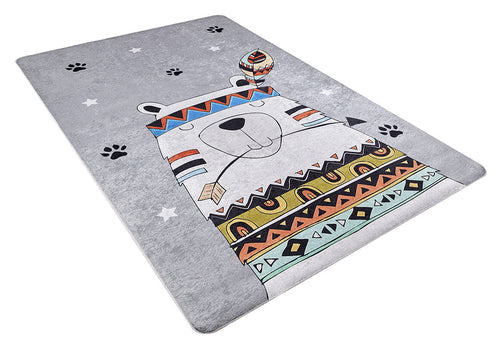 Load image 1 in gallery view. The Groovy Bear - Machine-Washable Rug JRC093 is a rectangular gray-anthracite rug with a cartoon bear in colorful tribal patterns, a feather headband, and arrow, plus white stars and black paw prints—ideal for high-traffic areas.