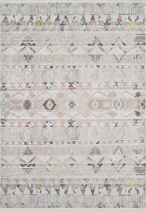 Load image 1 in gallery view. The Gypsy Glam - Washable Rug - JR1716 is a patterned rug with geometric shapes in muted beige, gray, and cream, accented by red, blue, yellow, and green. Its distressed vintage look makes it perfect for high-traffic areas.