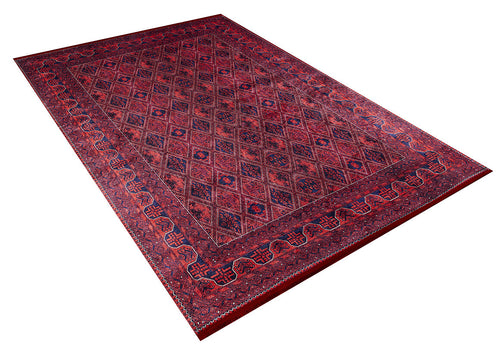 Load image 1 in gallery view. The Imperial Impressions - Washable Rug - JR1132 is a large red Persian rug with an intricate geometric diamond pattern and ornate border in red, blue, and black, ideal for high-traffic areas and shown on a white background.