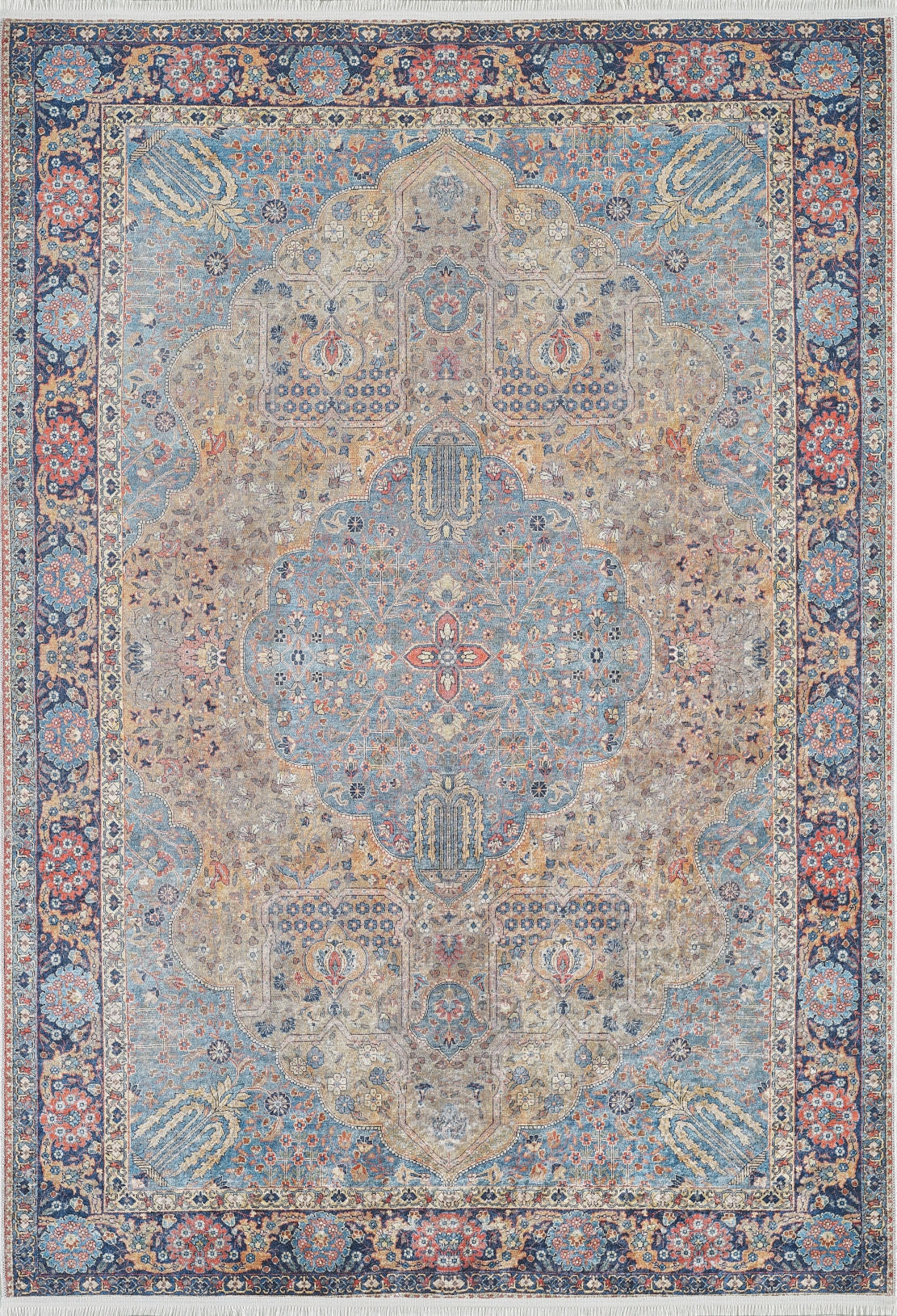 The Imperial Weave - Washable Rug - JR1969 features an intricate symmetrical floral and medallion design in blue, beige, red, and gold with detailed borders—elegant, durable, and perfect for high-traffic spaces.