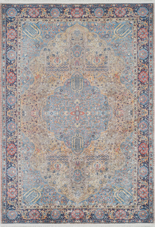 Load image 1 in gallery view. The Imperial Weave - Washable Rug - JR1969 features an intricate symmetrical floral and medallion design in blue, beige, red, and gold with detailed borders—elegant, durable, and perfect for high-traffic spaces.