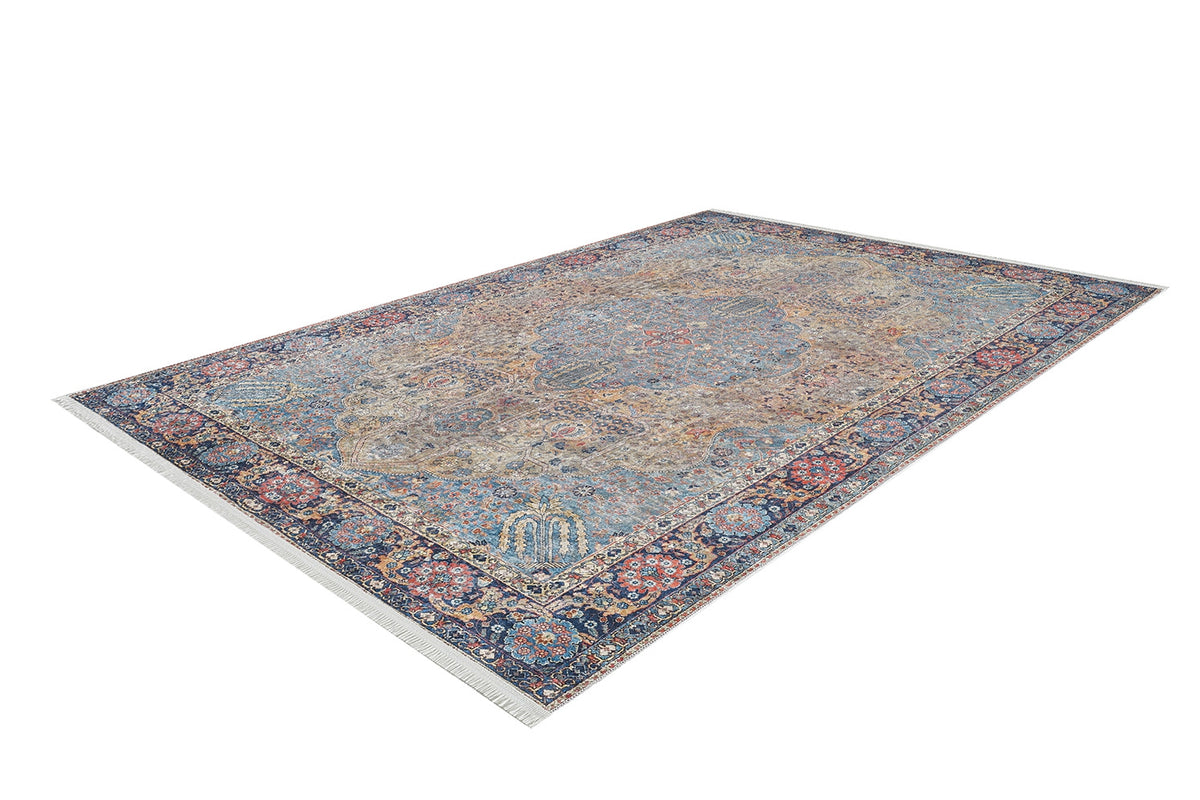 The Imperial Weave - Washable Rug - JR1969 features a rectangular design with a central medallion in blue, beige, and red, detailed floral borders, and is ideal for high-traffic areas—shown on a white background.
