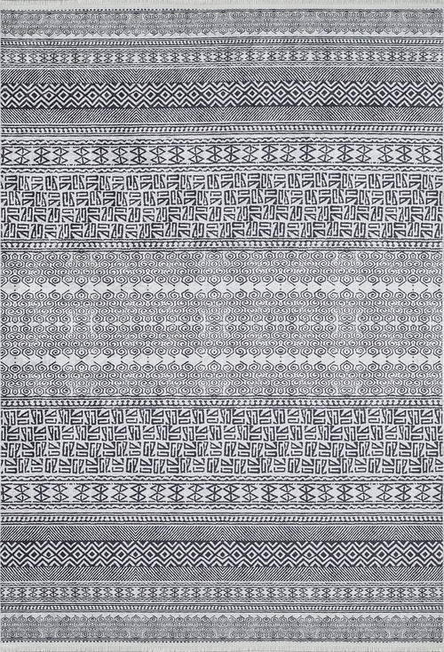 Load image 1 in gallery view. The Indie Impressions - Washable Rug - JR1648 features black and white geometric patterns with chevrons, diamonds, swirls, and maze-like motifs in horizontal rows. Its durable design makes it perfect for high-traffic areas.