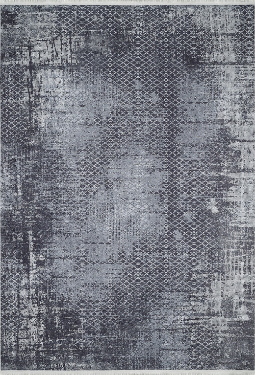 Load image 1 in gallery view. The Infinity Garden - Washable Rug - JR1749 is a rectangular, gray-anthracite rug with a distressed textured pattern in grey and blue, accented by subtle geometric diamonds—perfect for high-traffic areas and easy to clean.