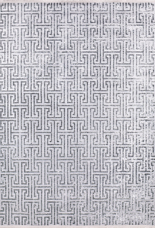 Load image 1 in gallery view. The Jazz Age - Washable Rug - JR1225 features a gray and white geometric maze pattern with interlocking rectangles, offering a textured, metallic effect—perfect as a gray-anthracite washable rug for high-traffic spaces.