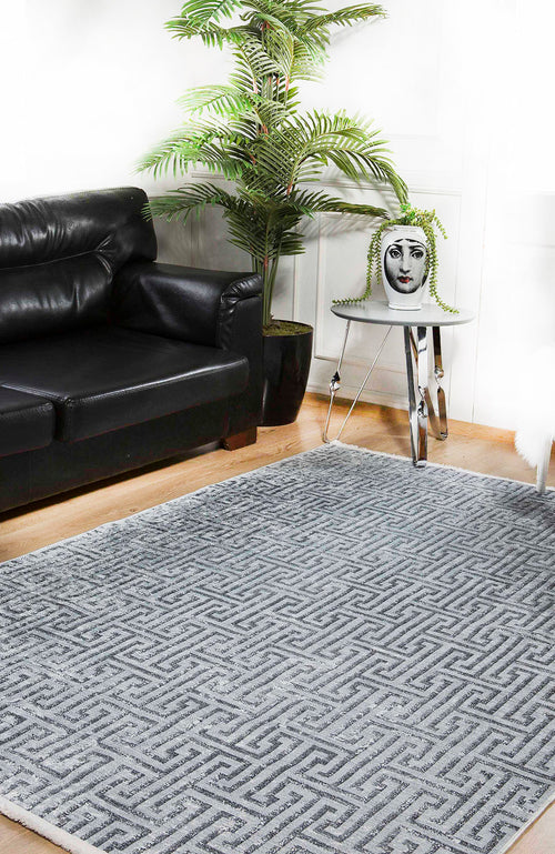 Load image 1 in gallery view. A modern living room with a black leather sofa, large potted plant, metallic side table with a face-printed vase, and the Jazz Age - Washable Rug - JR1225 in gray-anthracite—ideal for high-traffic areas—on a wooden floor.