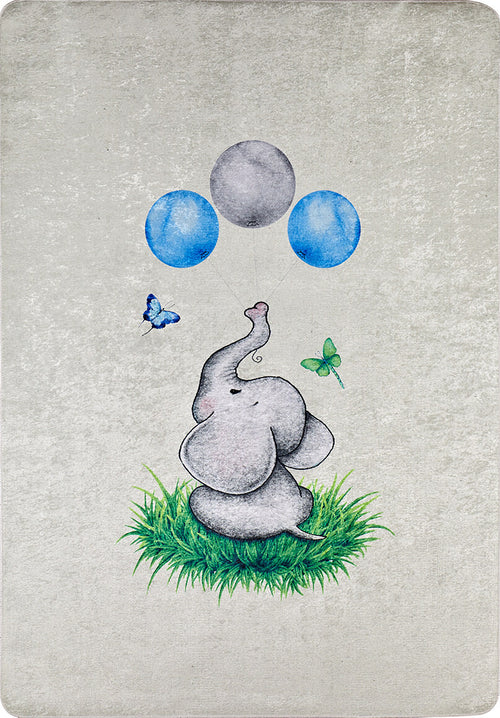 Load image 1 in gallery view. The Joyful Elephant - Machine-Washable Rug JRC026 features a cute cartoon elephant on grass with balloons and butterflies, set against a light background. Durable, allergy-friendly, and perfect for kids’ rooms.