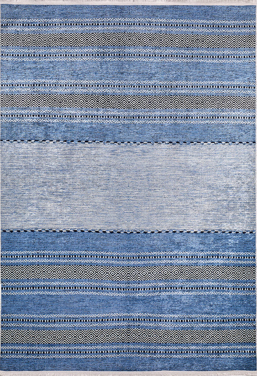 Load image 1 in gallery view. The Layered Lines - Washable Rug - JR1545 is a rectangular blue rug with horizontal stripes in blue and gray, featuring diamond and zigzag patterns—durable for high-traffic areas and easy to clean as it’s fully washable.