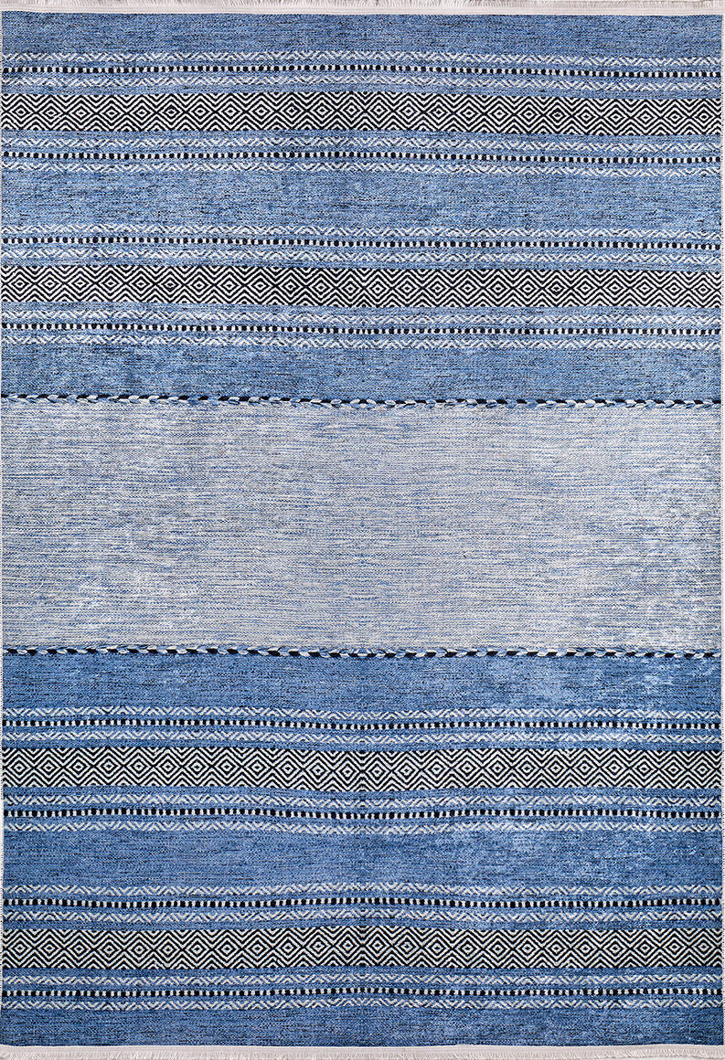 The Layered Lines - Washable Rug - JR1545 is a rectangular blue rug with horizontal stripes in blue and gray, featuring diamond and zigzag patterns—durable for high-traffic areas and easy to clean as it’s fully washable.