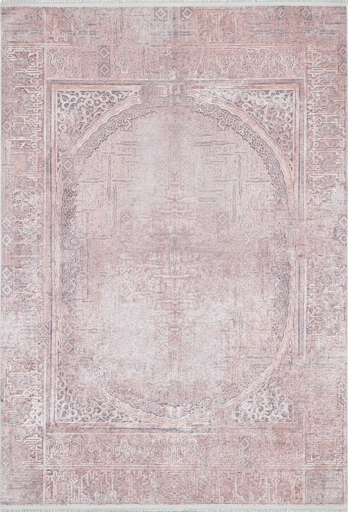 The Luxurious Design - Washable Rug - JR1924 features a faded soft pink and white vintage pattern with an ornate border and arched medallion. Elegant and antique-inspired, it's perfect for high-traffic areas thanks to its washable design.