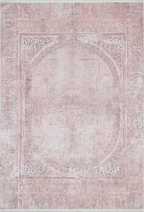 Load image 1 in gallery view. The Luxurious Design - Washable Rug - JR1924 features a faded soft pink and white vintage pattern with an ornate border and arched medallion. Elegant and antique-inspired, it's perfect for high-traffic areas thanks to its washable design.