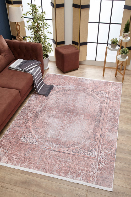Load image 1 in gallery view. A living room with a brown sofa, striped throw, Luxurious Design - Washable Rug - JR1924 in soft pink—ideal for high-traffic areas—potted plants, a brown ottoman, side table, and large windows letting in natural light.