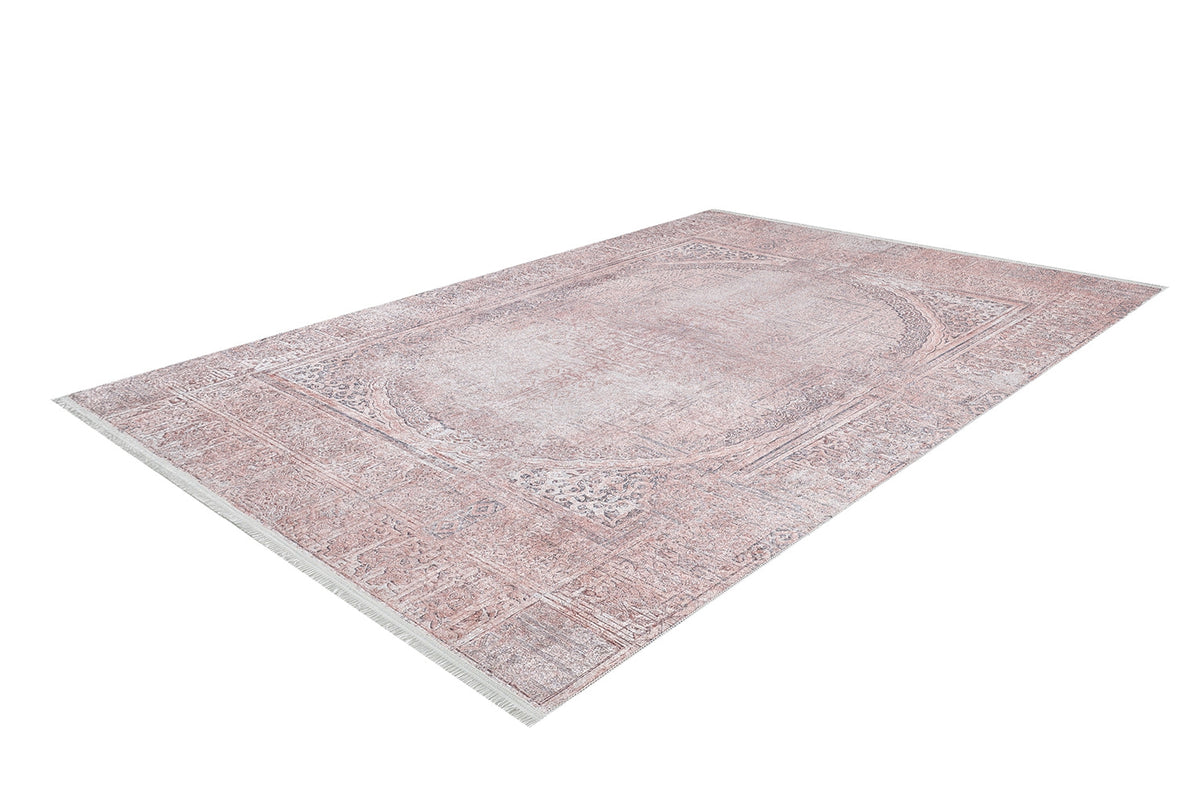 The Luxurious Design - Washable Rug - JR1924 is a rectangular, soft pink vintage-style rug with a faded ornate pattern and decorative borders, ideal for high-traffic areas, shown on a white background.