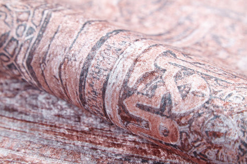 Load image 1 in gallery view. A close-up of the Luxurious Design - Washable Rug - JR1924, showcasing intricate faded brown and sepia patterns with a soft, velvety texture—ideal for high-traffic areas.