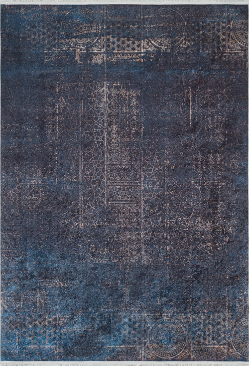 Load image 1 in gallery view. The Luxurious Fleur - Washable Rug - JR1897 is a large blue rug with a textured, distressed pattern and faded geometric and floral designs—ideal for high-traffic areas and easy to maintain thanks to its washable feature.