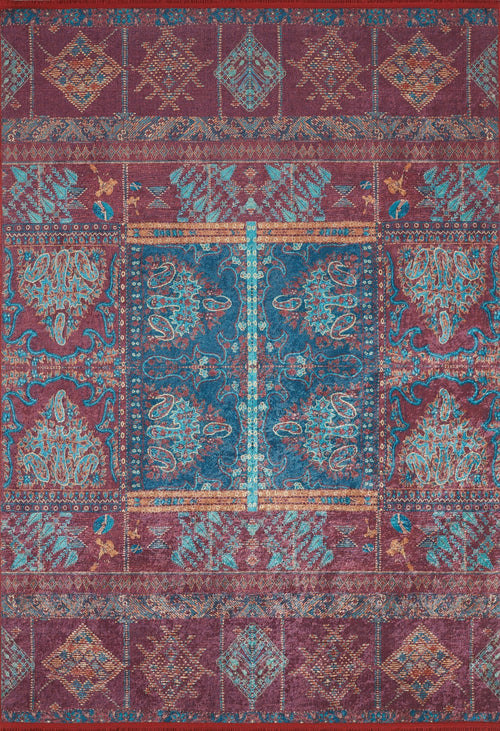 Load image 1 in gallery view. The Majestic Mandarin - Washable Rug (JR1863) features a Persian-style, ornate blue, red, orange, and teal symmetrical pattern with floral and geometric motifs, intricate borders, a central medallion, and is ideal for high-traffic areas.