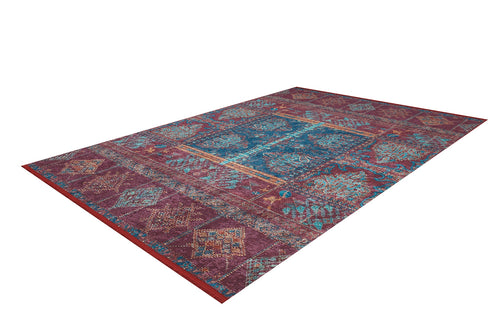 Load image 1 in gallery view. The Majestic Mandarin - Washable Rug (JR1863) is a rectangular red rug with a vintage, distressed look and traditional blue and teal geometric and floral patterns—perfect for high-traffic areas.
