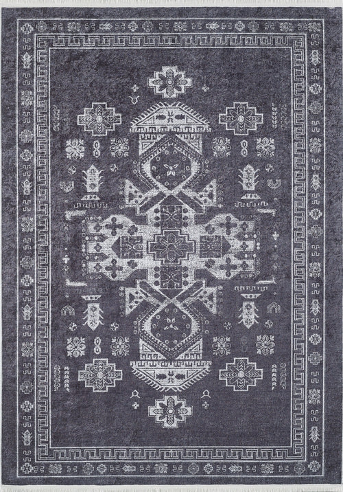 Load image 1 in gallery view. The Majestic Symbol - Washable Rug - JR1892 is a rectangular flat weave in dark gray and white, featuring intricate geometric and floral patterns with central medallions, bordered repeats, and symmetrical elements—an elegant touch for any space.