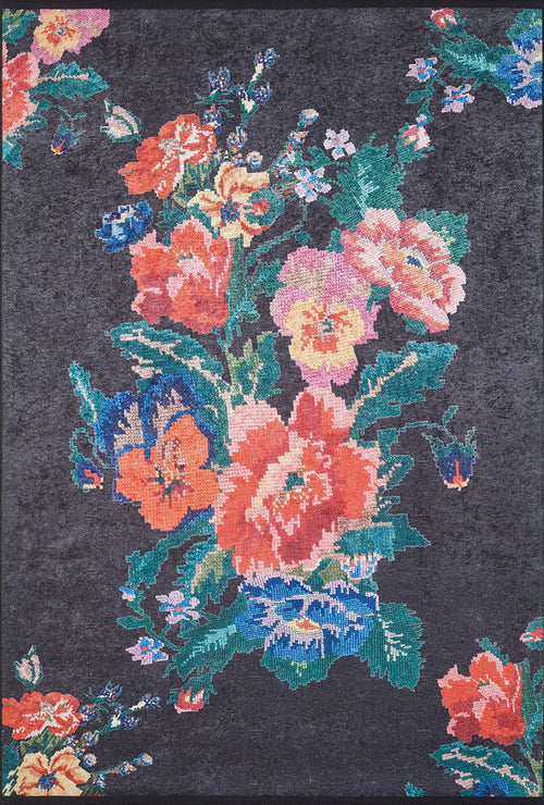 Load image 1 in gallery view. The Meadow Dream - Washable Rug - JR2001 features a dark, textured design with a pixelated large floral pattern in red, yellow, blue, pink, and orange with green leaves—perfect for high-traffic areas.