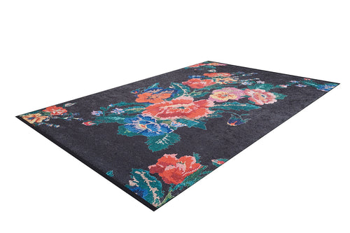 Load image 1 in gallery view. The Meadow Dream - Washable Rug - JR2001 is a rectangular black rug with a lively floral pattern in red, pink, orange, blue, and green—ideal for adding vibrant style to high-traffic areas and easy to clean.